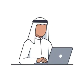 رسم توضيحي لرجل عربي يعمل على جهاز كمبيوتر محمول