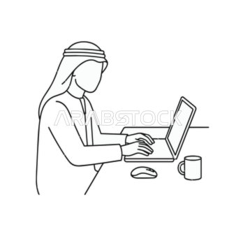 رسم تخطيطي لرجل أعمال عربي يعمل على كمبيوتر محمول