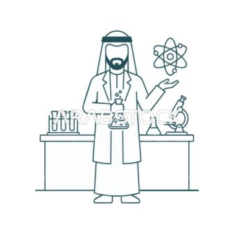 Arab Scientist in Laboratory Vector Line Art Illustration