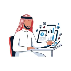 رجل أعمال عربي يحلل البيانات المالية على الحاسوب والهاتف الذكي