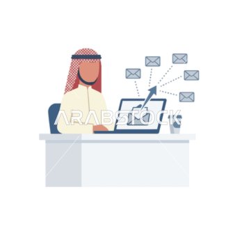 Arab Businessman Sending Bulk Emails on Laptop Vector