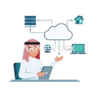 رجل عربي محترف يدير خدمات الحوسبة السحابية والتحول الرقمي للأعمال الحديثة