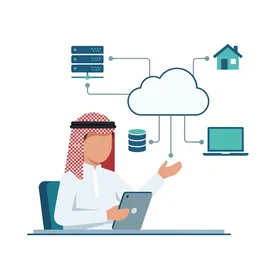 رجل عربي محترف يدير خدمات الحوسبة السحابية والتحول الرقمي للأعمال الحديثة