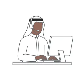 رسم توضيحي لمتجه موظف خدمة عملاء عربي يعمل على الكمبيوتر