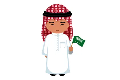 شخصية كرتونية لولد سعودي يرتدي الثوب ويحمل العلم