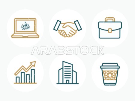 مجموعة رموز أيقونات أعمال عربية متكاملة بالرسم الخطي
