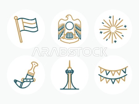UAE National Day Line Art Vector Icons in Teal and Gold