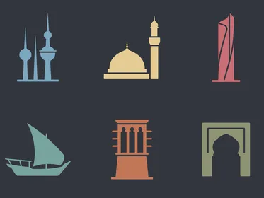 Kuwait Cultural Landmark Flat Vector Icons Set