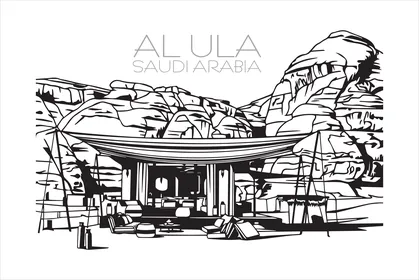 Al Ula Saudi Arabia Desert Resort Vector Line Art