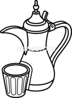 رسم خطي فيكتور لدلة القهوة العربية مع الفنجان