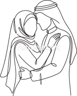 Minimalist Line Art Arab Couple Embracing Vector