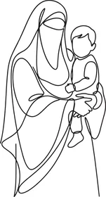 Muslim Mother in Niqab Holding Child Line Art Vector