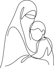رسم خطي مستمر متجهي للأم المسلمة والطفل بالنقاب والحجاب