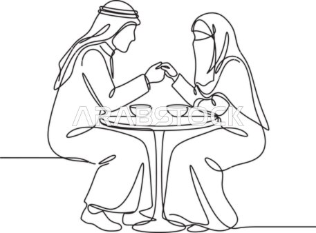 Arab Couple Holding Hands Continuous Line Art Illustration