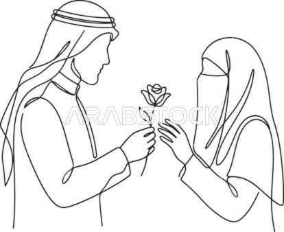 Arab Couple Single Line Art Drawing with Rose