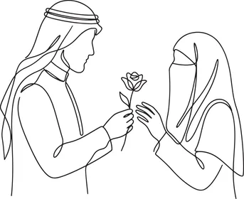 Arab Couple Single Line Art Drawing with Rose