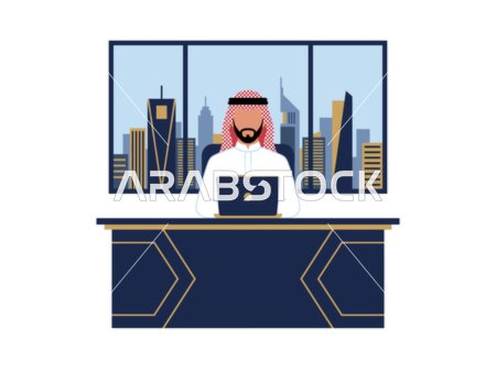 رسم توضيحي لمتجه رجل أعمال سعودي يعمل على الكمبيوتر