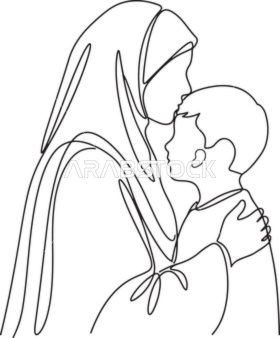 Muslim Mother Kissing Son Continuous Line Art Vector