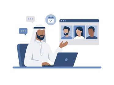 Arab Businessman Online Video Conference on Laptop