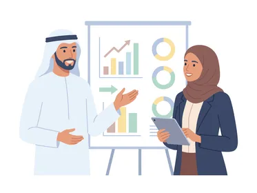 رسم توضيحي مسطح لعرض تقديمي ومخططات لرجال أعمال عرب