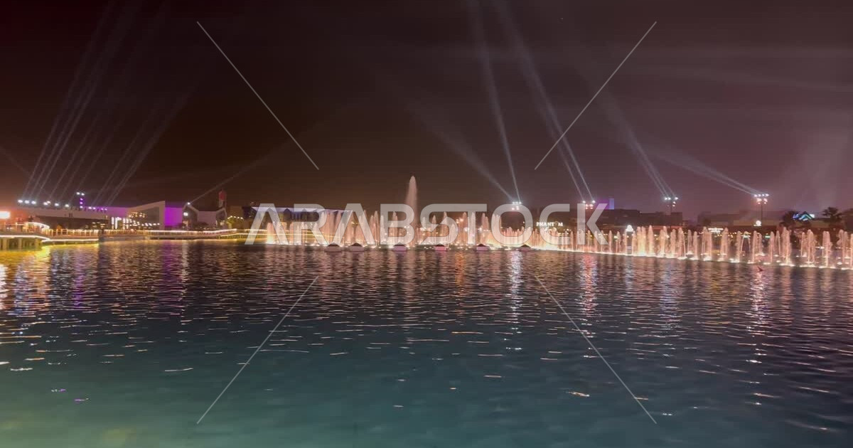 Night photography of water fountains, World City Boulevard Fountain in