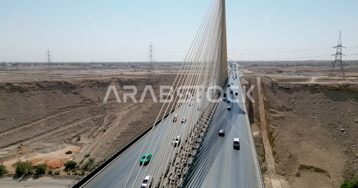 Wadi Laban bridge supported by cables, drone photography of the