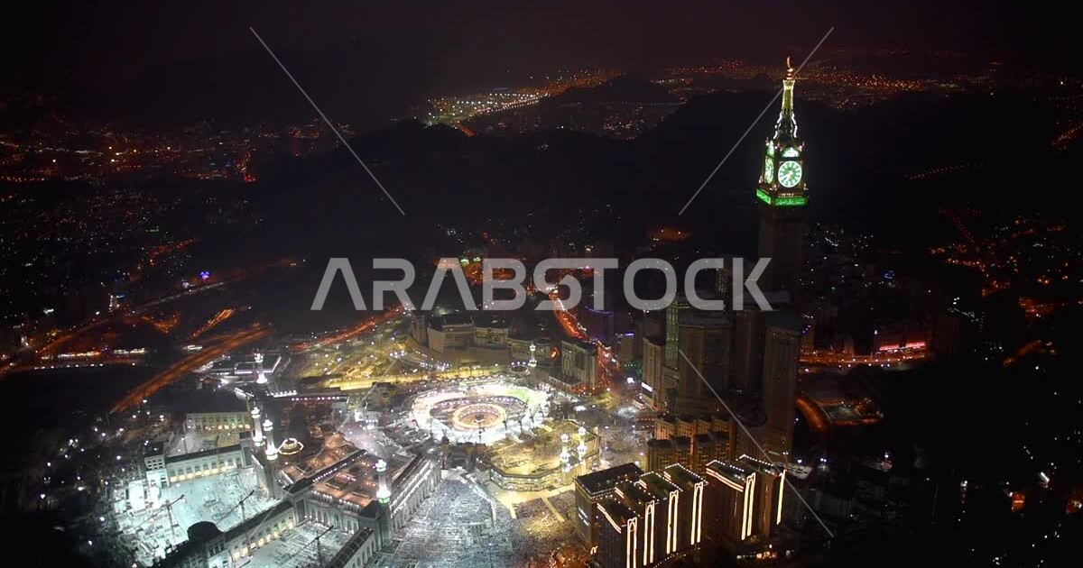 Towers of the Holy Mosque in Mecca, drone photography of famous Islamic