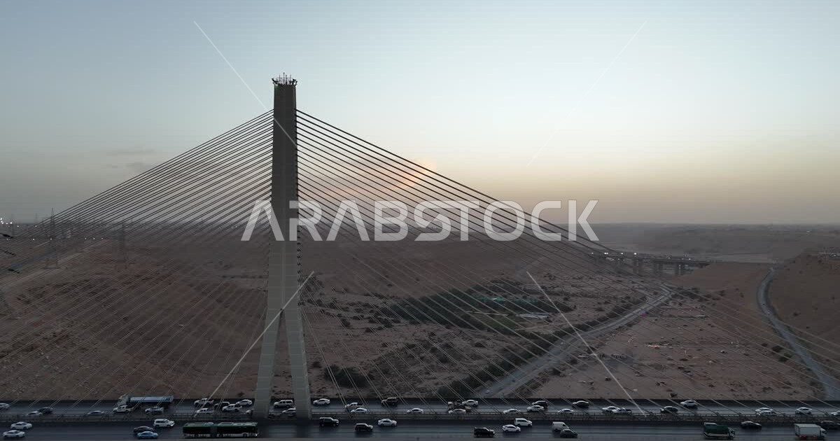 Riyadh cablestayed suspension bridge during the day, aerial drone