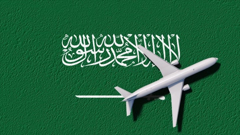 Saudi Arabia National Flag And Airplane Fly. Aircraft Flies To Country. Flight