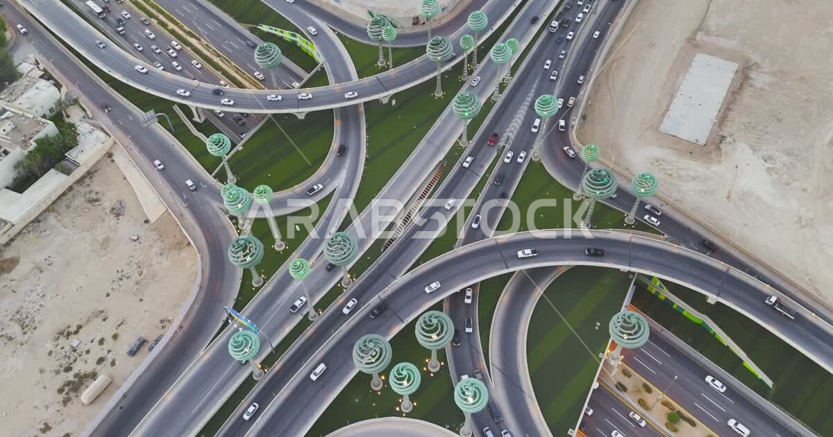 Aerial drone footage of traffic on the highway, famous landmarks of ...