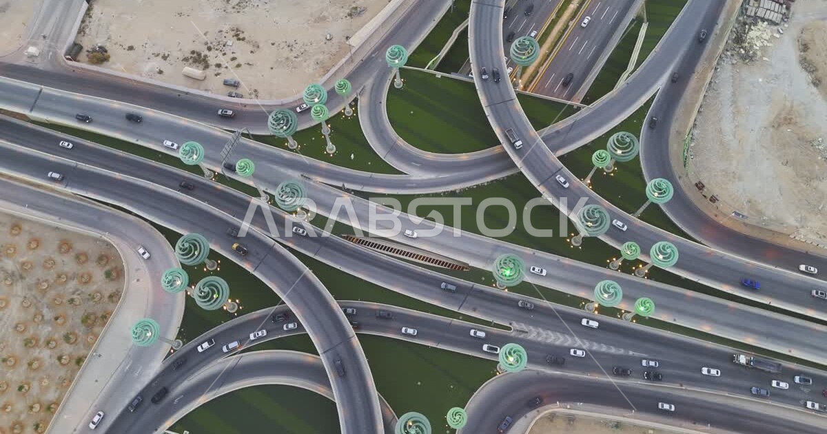 Aerial drone footage of traffic on the highway, famous landmarks of ...