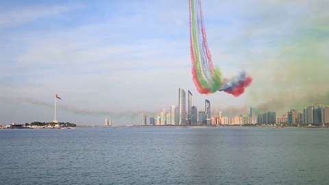 Al Fursan aerobatic team doing stunts in the sky in Abu Dhabi, UAE