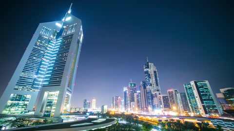 night dubai city famous towers street panorama 4k timelapse from uae