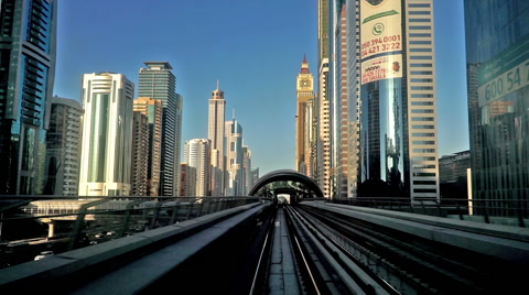 Modern cityscape view by metro in Dubai, UAE