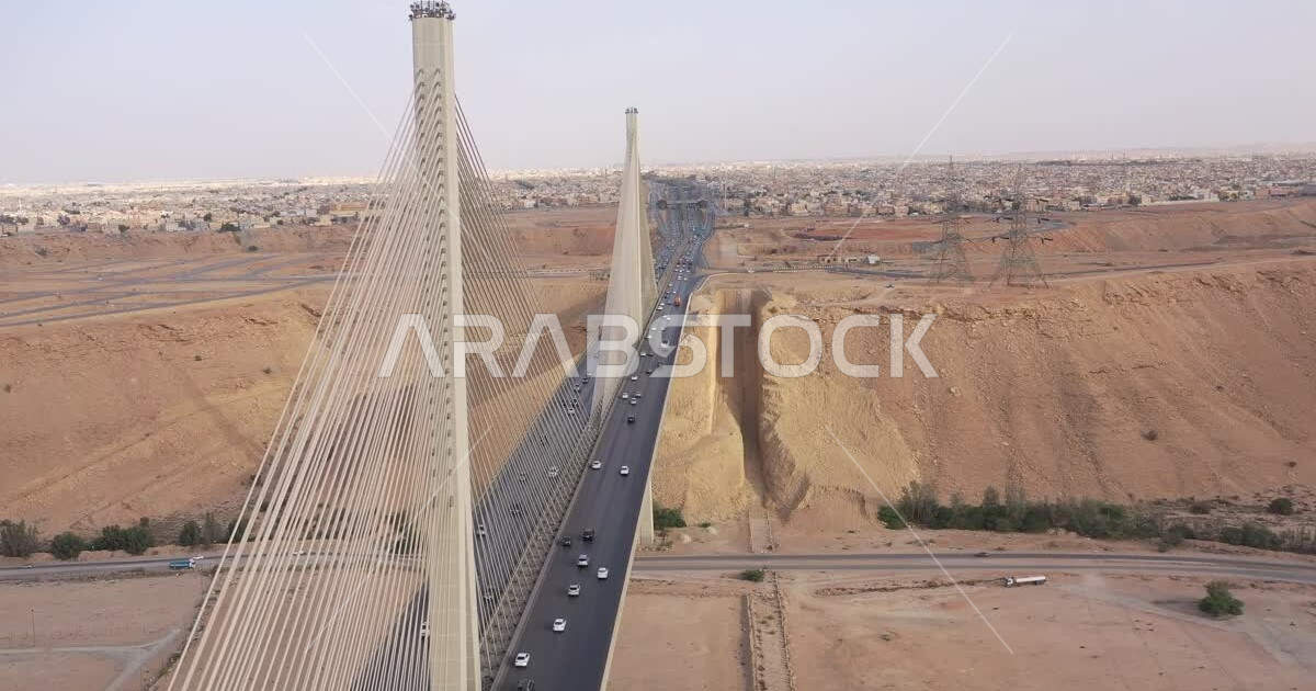 جسر الرياض المعلق المدعوم بالكوابل في وضع النهار ، بوادي لبن في مدينة