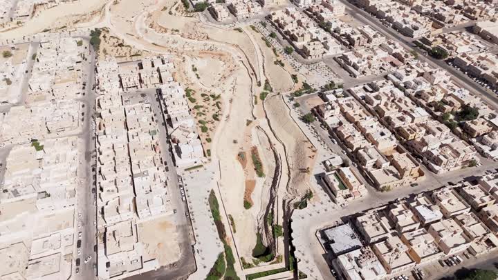 Artistic architecture of the streets of Saudi Arabia, traffic movement in the capital's roads, facilities, buildings and residential neighborhoods during the day, Saudi urban development and progress, aerial drone photography of the development of the residential area in Riyadh