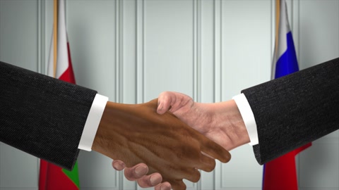 Oman and Russia deal handshake, politics illustration. Official meeting