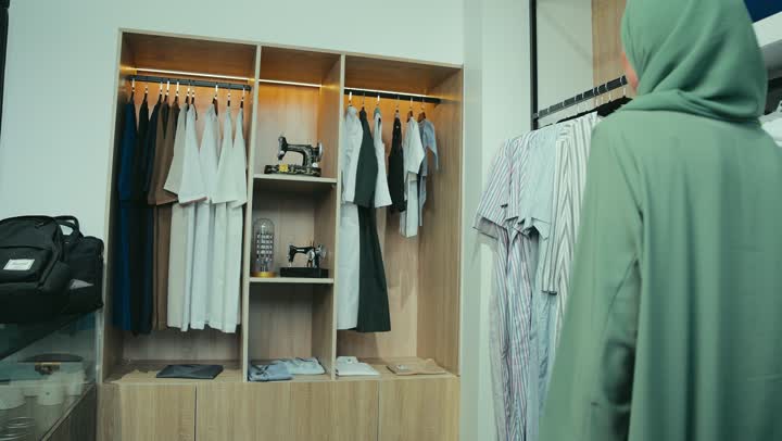 Strolling inside a luxury shopping mall, a close-up of an Emirati Gulf Arab woman wearing an elegant abaya choosing clothes and abayas from a modern collection, a Saudi woman having a shopping experience in a comfortable atmosphere, buying women's supplies from the store