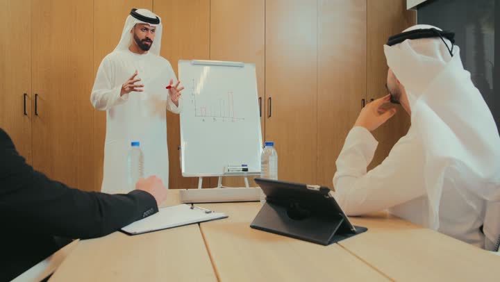 تحليل البيانات الاحصائية، دمج العمل مع التقنية الحديقة، مفهوم الإدارة المتعاونة، وضع الخطط الاستراتيجية لتحقيق الأهداف، استخدام السبورة لتوضيح الأفكار، مجموعة من الموظفين العرب الخليجيين الاماراتيين يعقدون اجتماع داخل مقر الشركة، تعلم اساليب العمل والتطوير المهني