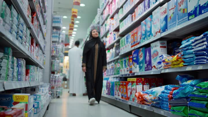 التجول في قسم المنظفات والمطهرات، امتلاك خيارات شراء و استهلاك مختلفة في السوبرماركت، سيدة عربيه خليجية إماراتية محجبة ترتدي العباءة تمشي في أحد أقسام المتجر بإيماءات السرور، قضاء وقت ممتع في اختيار اللوازم المنزليه, السهولة والراحة في التسوق