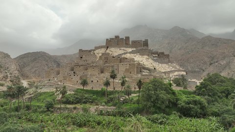 البيوت الطينية القديمة في قرية ذي العين التراثية, نمو النباتات في القمم والمرتفعات الجبلية, جبال منطقة الباحة, معلم سياحي طبيعي مشهور في المملكة العربية السعودية, التكوينات والتشكيلات الصخرية