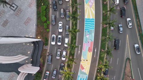 Aerial drone photography of coastal areas, Jeddah Corniche waterfront in Saudi Arabia, architectural art of towers and skyscrapers on the Red Sea coast, a famous tourist place and landmark