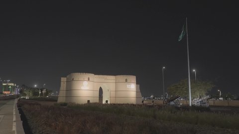 The old-style architecture of Jeddah Gate in Al-Balad district, historic Jeddah at night, heritage sites and landmarks, famous tourist attractions in Saudi Arabia