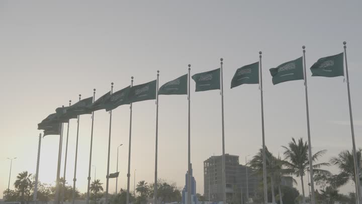 Patriotism and appreciation of national identity, famous tourist attractions in Jeddah, planting plants and palm trees, flags of the Kingdom of Saudi Arabia on the road, celebrating Saudi National Day, September 23