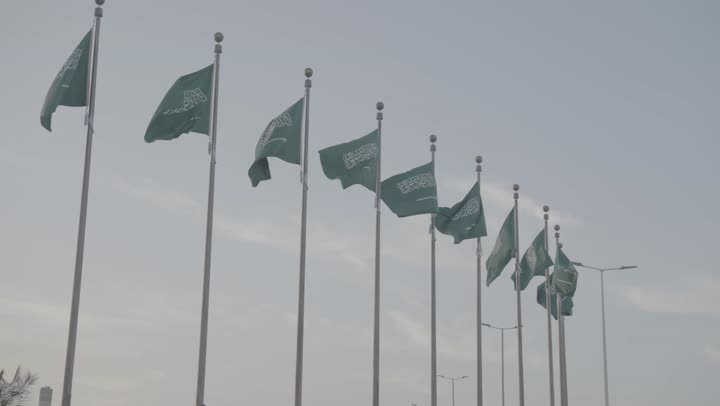 Patriotism and appreciation of national identity, famous tourist attractions in Jeddah, planting plants and palm trees, flags of the Kingdom of Saudi Arabia on the road, celebrating Saudi National Day, September 23