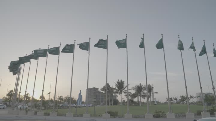 Patriotism and appreciation of national identity, famous tourist attractions in Jeddah, planting plants and palm trees, flags of the Kingdom of Saudi Arabia on the road, celebrating Saudi National Day, September 23