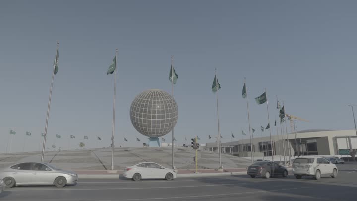 Globe Square in Jeddah, famous landmarks of Jeddah, traffic congestion during the day, car traffic in the city, development of roads and streets in the country, urban expansion and development in the Kingdom of Saudi Arabia