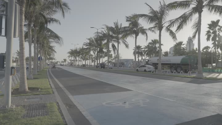 Interest in planting palm trees, bicycles passing by on the Happiness Walkway in the Jeddah Corniche in the Kingdom of Saudi Arabia during the day, towers and skyscrapers overlooking the Red Sea coast, a famous tourist place and area