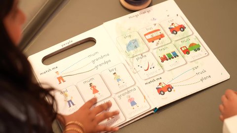 الاهتمام بتعليم وترفيه الأبناء, التسلية والترفيه بالأنشطة التعليمية, التعلم عن طريق الألعاب التثقيفية، التعرف على أشكال الحروف الأجنبية، تصويرمقرب ليد بنت سعوديه تقوم بقراءه كتيب الكلمات الانجليزيه برفقه صديقها، فتاه عمانيه تقوم بطي صفحات الكتاب