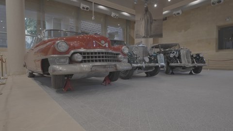 Antique car showroom inside the historic Al-Murabba Palace in Riyadh, authenticity, authenticity and adherence to Saudi heritage, famous landmarks and tourist sites, design and architectural art of old-style mud buildings, historical sites in the Kingdom of Saudi Arabia